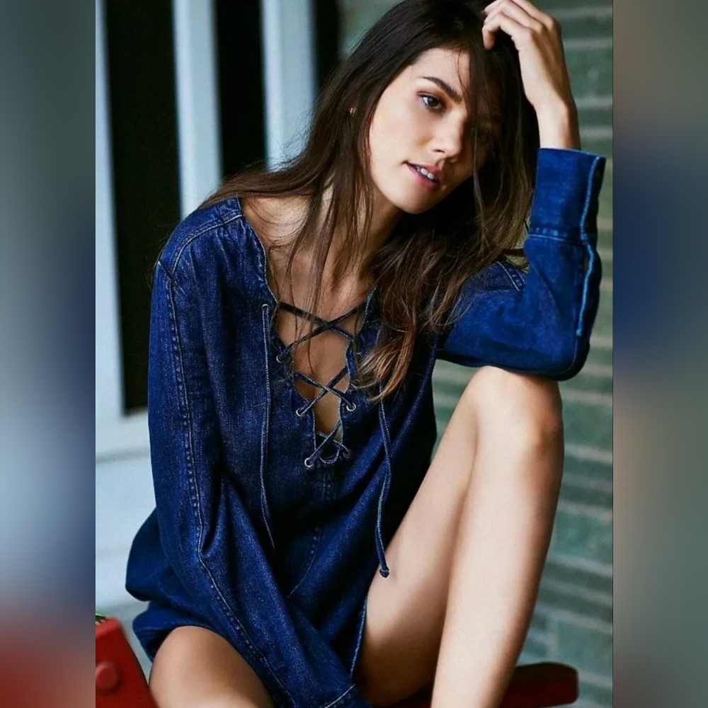 FREE PEOPLE NEAPOLITAN DREAMS INDIGO LACE UP DENIM TUNIC MINI DRESS TOP S NWOT
